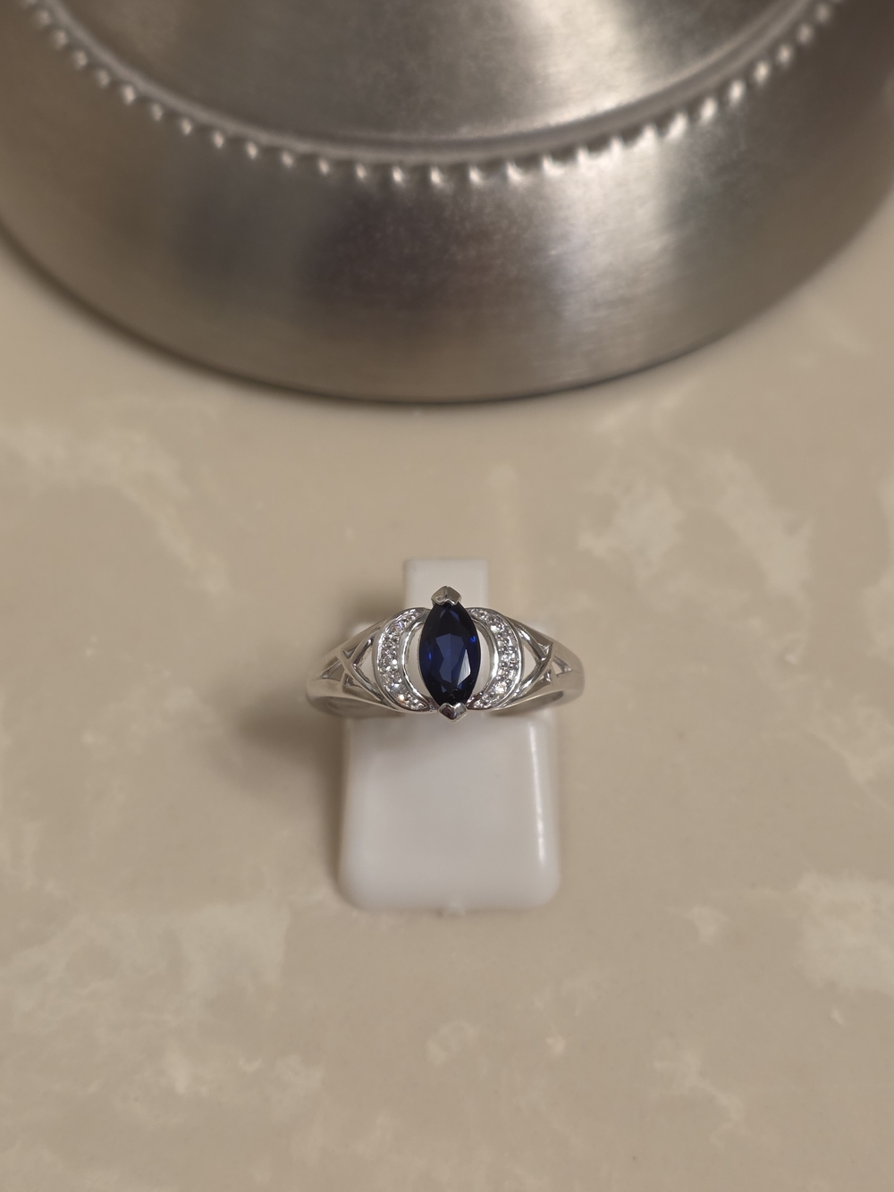 Sterling Silver Navy Blue Marquise Sapphire Ring with Accent Stones